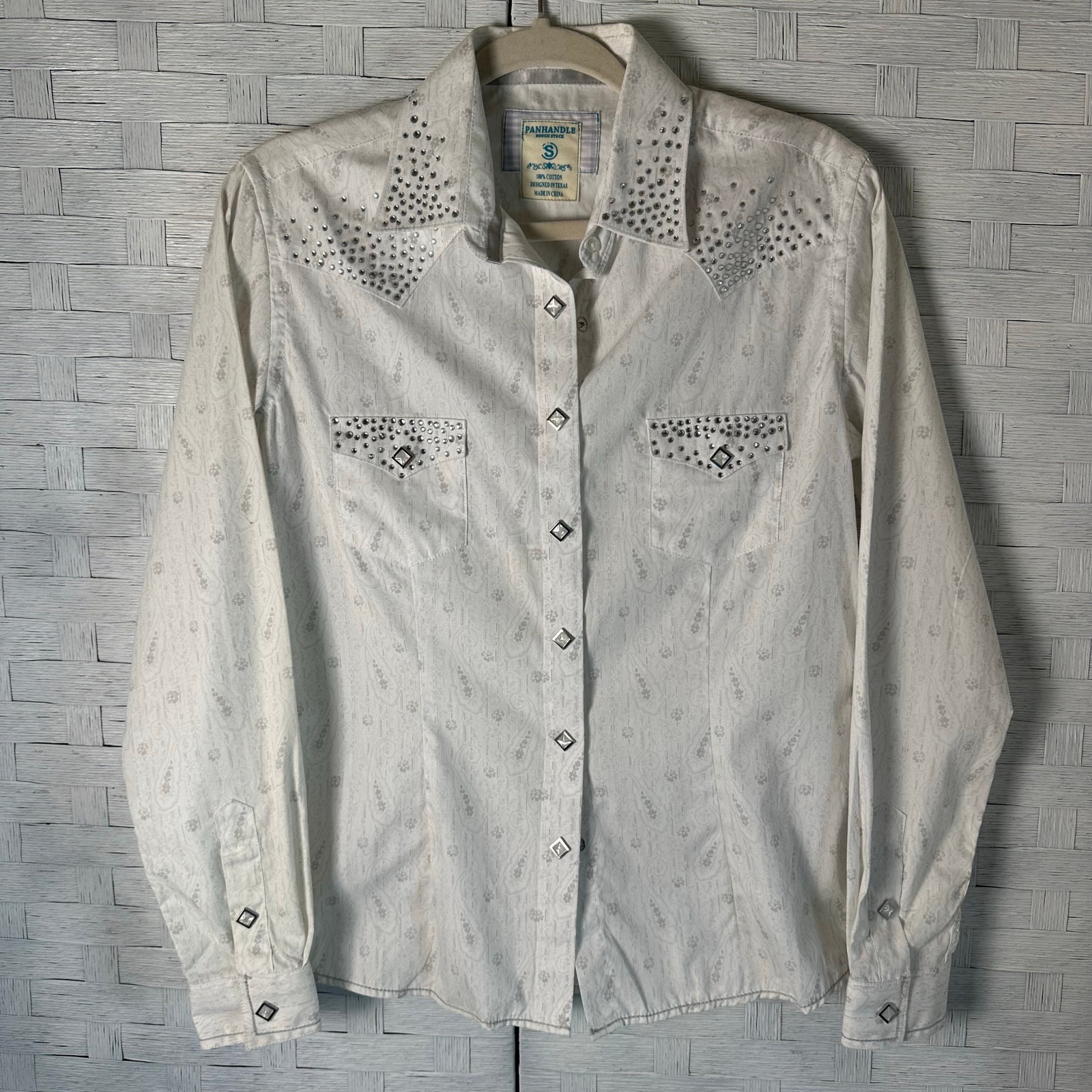 Panhandle Western Button Down Snap Shirt White & Silver Rhinestones Southwestern